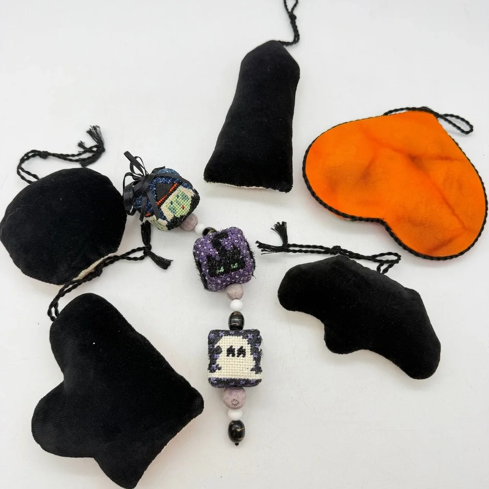 Halloween Needlepoint Ornament Set Witch Pumpkin Bat Ghost 6pc Decor